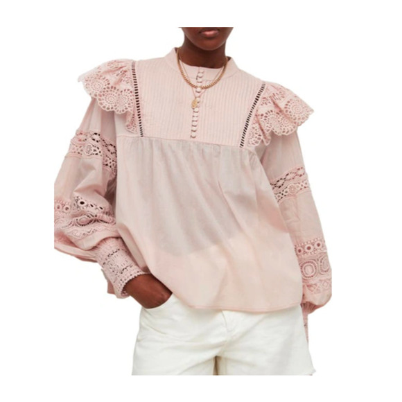 AllSaints Jen Oversized Lace Button Long Sleeve Cotton Frill Blouse Top, size 8 - Picture 1 of 8